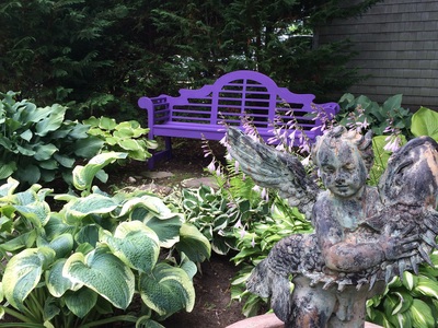 outdoor bench and garden