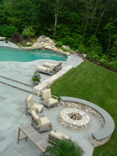 outdoor fireplace, pool and hardscape patio
