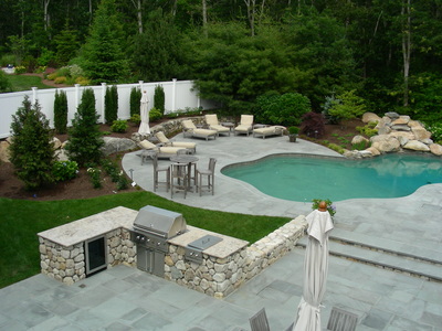 outdoor cooking area, pool and hardscape patio